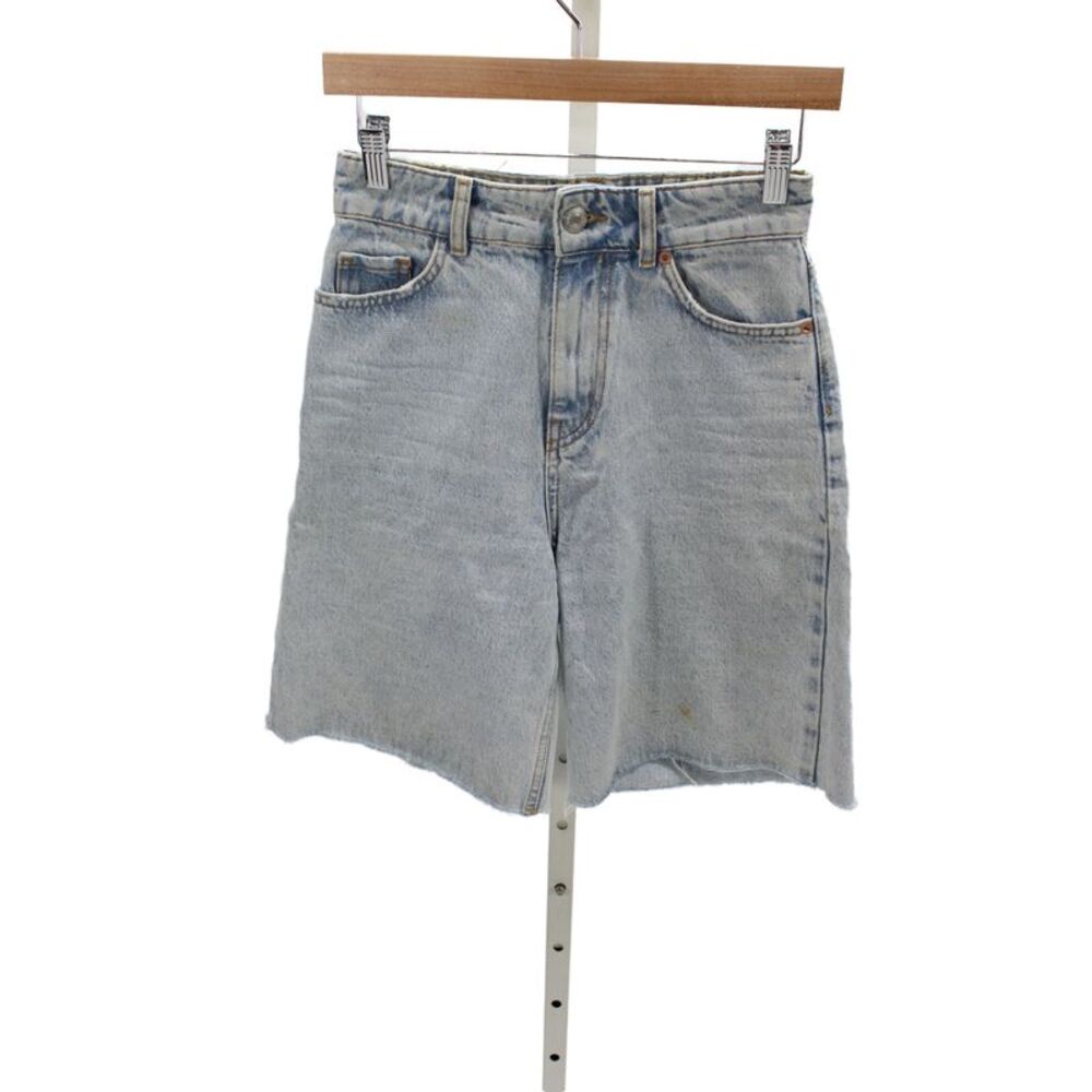 Zara Women Bermuda Shorts Blue Cotton Button Casual Size 2